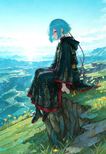 A serene scene featuring a figure dressed in a flowing black robe with intricate gold patterns, sitting peacefully on a rugged cliff edge. The figure is viewed from the side, gazing into the expansive horizon filled with lush green valleys and vibrant blue skies. The setting is illuminated by soft, natural daylight, with large, billowy clouds towering in the distance. The cliff is covered with patches of grass and wildflowers, emphasizing the natural setting. The composition balances the tranquil figure with the vastness of the scenic landscape. The overall style is anime-inspired, with a focus on vivid colors, fine details, and a harmonious atmosphere.
<lora:Anime v1.3:1.2> <lora:Blue_Future:0.9> <lora:Ethereal_Brush_Anime_v1.0:0.6> <lora:It's a LoRA for portraits, BUT! actually specialized in backgrounds. v1.0:0.12>