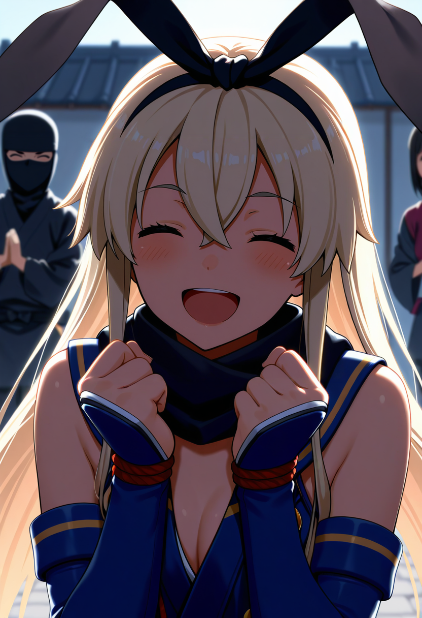 (shimakaze_\(kancolle\):1), (ninja:1), (open_mouth orgasm:0.5), (nose_piercing, navel_piercing:0.4), (solo_focus:0.3), (small_breasts:0.2), BREAK, (matte finish, soft lighting:0.8), (masterpiece, best quality:0.7), (fabric_folds, score_7_up, anime_ultra-detailed:0.6), (4k, artbook, aesthetic, high quality:0.9) , (upper_body:0.8), (cleavage, hands_up, facing_viewer, clenched_hands, jumping, happy:0.6), (1girl:0.3), (outdoors:0.6)