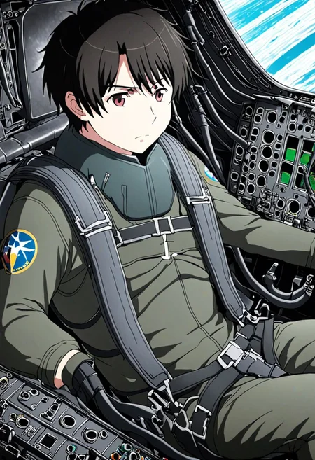high resolution, solo, best quality, 1Boy, Inaho Kaizuka, Black Hair, Pilot, Cockpit, Jet Fighter, OverallDetail
