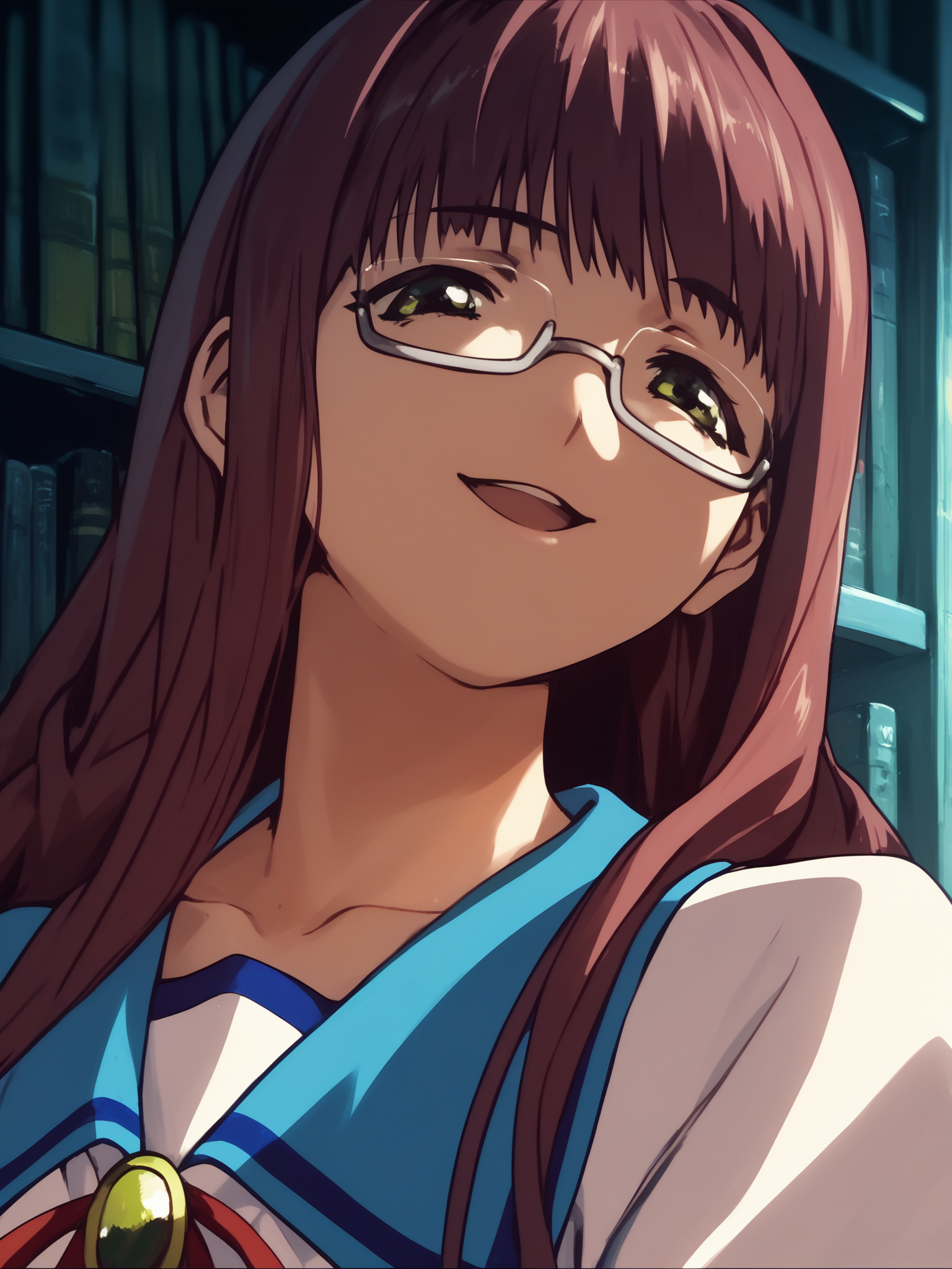 <lora:happy_tentacle-hikaru-v0.2-000030:1>, ht_hikaru, glasses, under-rim eyewear, school uniform , 1girl, solo, portrait , , (happy :1.2), , looking down , , facing viewer , score_9, score_8_up, score_7_up, score_6_up, score_5_up, score_4_up