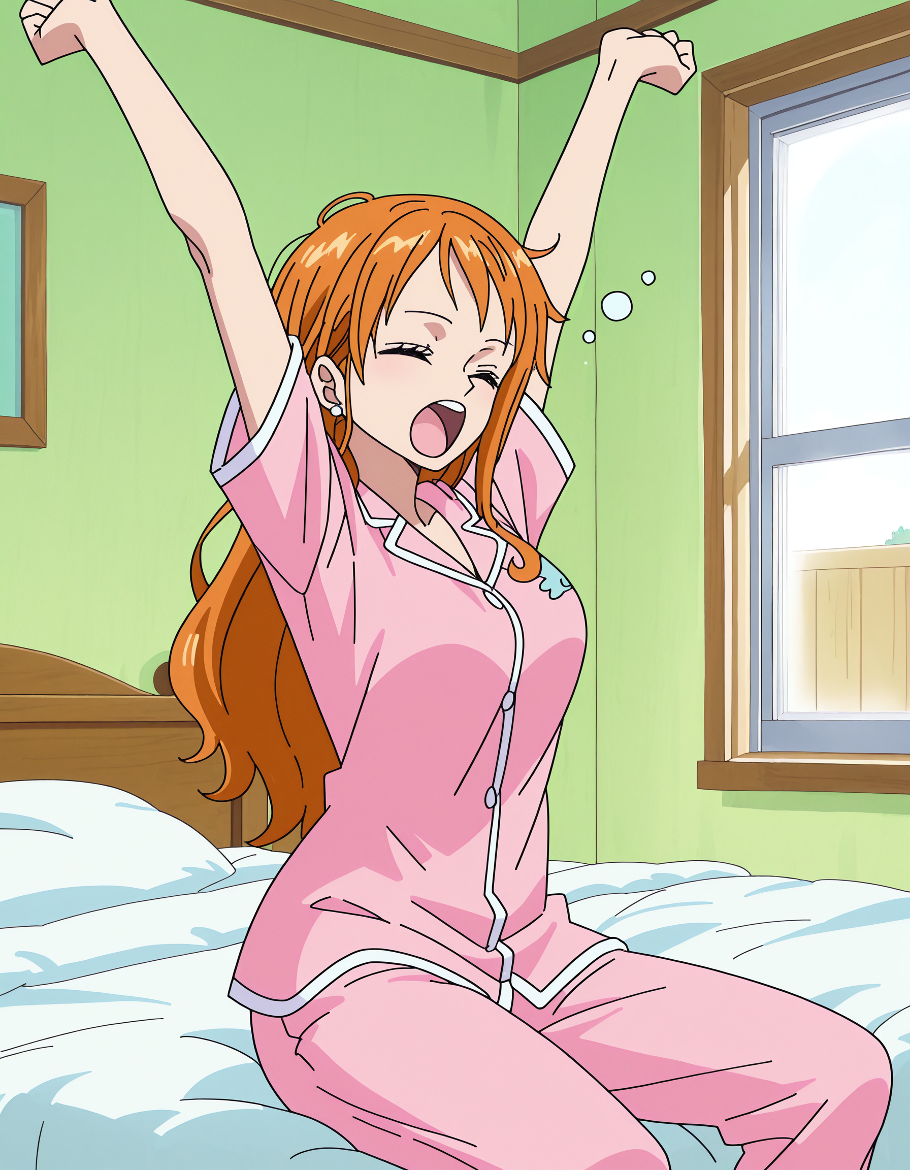 masterpiece, best quality, newest, absurdres, highres, anime coloring, NaOPmi24, 1girl, orange hair, nami, teenage girl, 15 years old, pastel pink pajamas, yawning, stretching, sitting on bed, morning, waking up, bedroom, sleepy, schoolgirl, indoors,   <lora:Nami-Anime-2024-Illous_r1:0.95>