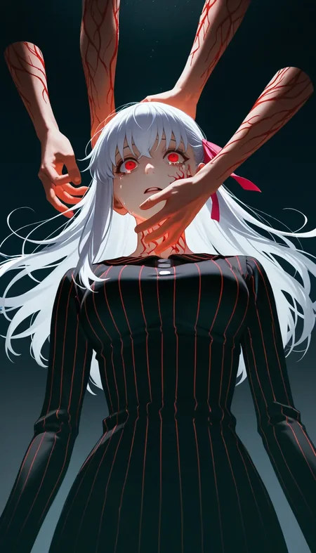 (masterpiece, best quality), safe, amazing quality, very aesthetic, absurdres, highres, newest, HDR, 8K, high detail RAW color art, large pupil, eyelashes,
1girl, solo, matou sakura, crying with eyes open, white hair, red eyes, long hair, hair ribbon, vertical-striped dress, black dress, red stripes, long sleeves, body markings, girls with a slender figure, smoky eyeshadow, narrow waist, (horror \(theme\):1.2), (pov hands:1.2), (disembodied hands:1.2), upper body, from below, light, sidelighting, dark background, dim,