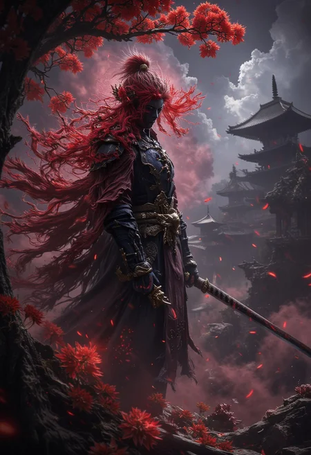 samurai, red armor details, fiery katana, toxic red hair, toxic red color in the entire composition associated with the samurai, everything else is gloomy and inversion in color, the background is a city in inversion color, night, dark atmosphere,