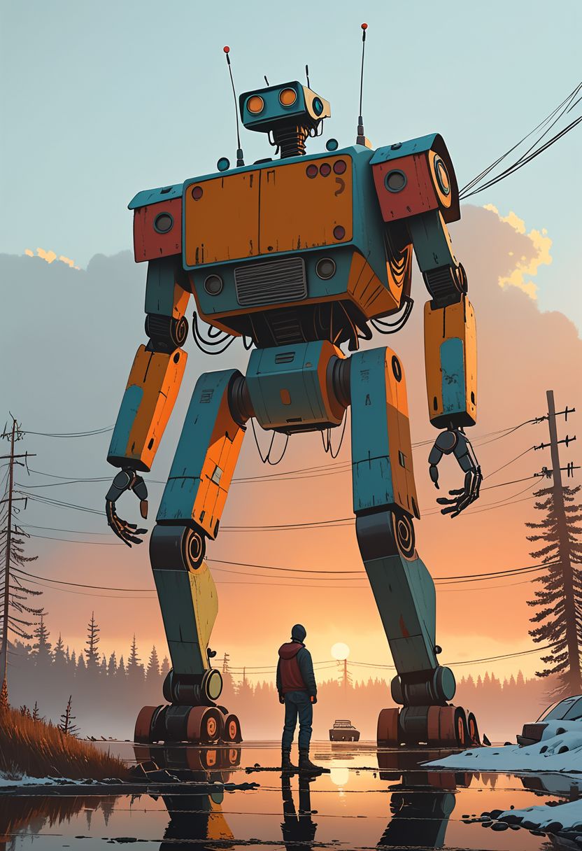Cinematic, 9:16 shot.
Dynamic view of an ancient goofy 12m tall robot (and a young man in front of it) in Simon Stalenhag's style from a futuristic era, at dusk hour with very long and realistic projected shadows, detailed frame, painting looks to be life like, on the ground, magical multicolored ink, high quality, imagination, fantasy art, vivid magical colors,
Many details everywhere. Ray-Tracing. Anti-Aliasing. Realistic reflections. Realistic soft shadows.
Slightly desaturated colors. 
Insane quality. Insane resolution. Insane details. Masterpiece.
Life-Like Photorealism. 
16k resolution
By Simon Stalenhag.