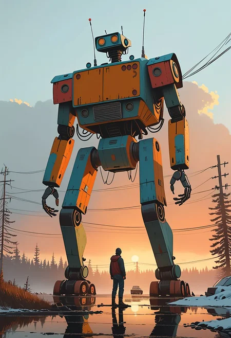 Cinematic, 9:16 shot.
Dynamic view of an ancient goofy 12m tall robot (and a young man in front of it) in Simon Stalenhag's style from a futuristic era, at dusk hour with very long and realistic projected shadows, detailed frame, painting looks to be life like, on the ground, magical multicolored ink, high quality, imagination, fantasy art, vivid magical colors,
Many details everywhere. Ray-Tracing. Anti-Aliasing. Realistic reflections. Realistic soft shadows.
Slightly desaturated colors. 
Insane quality. Insane resolution. Insane details. Masterpiece.
Life-Like Photorealism. 
16k resolution
By Simon Stalenhag.