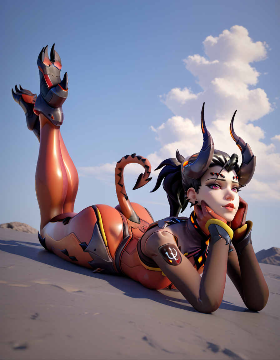 score_9, score_8_up, score_7_up, Masterpiece, high-res, 2k, best quality, 3d, 1girl, mercy (overwatch), devil mercy , black hair , red bodysuit, tail  <lora:Devil_imp_mercy_pony-000040:1> Lying down on the back gazing at the sky