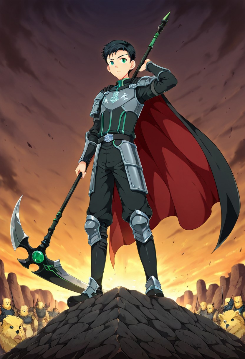 yuto_umemura, black hair, short hair, mint green eyes, 1boy, solo focus, he is dressed in a suit of dark iron platemail, Break, he is holding up a black coloured scythe, Properly holding the scythe, his armour bears a crest of a yellow eagle, fantasy armour, stylized silver eagle emblems and symbols on armour and sheild, Break, epic background is a a beautiful palace, a strong wind is blowing his cape, heavy plate armour, cyan coloured armour