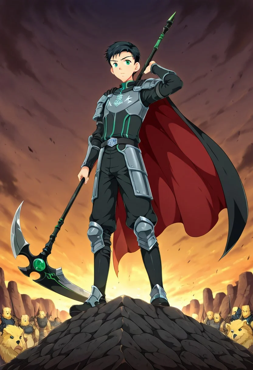 yuto_umemura, black hair, short hair, mint green eyes, 1boy, solo focus, he is dressed in a suit of dark iron platemail, Break, he is holding up a black coloured scythe, Properly holding the scythe, his armour bears a crest of a yellow eagle, fantasy armour, stylized silver eagle emblems and symbols on armour and sheild, Break, epic background is a a beautiful palace, a strong wind is blowing his cape, heavy plate armour, cyan coloured armour
