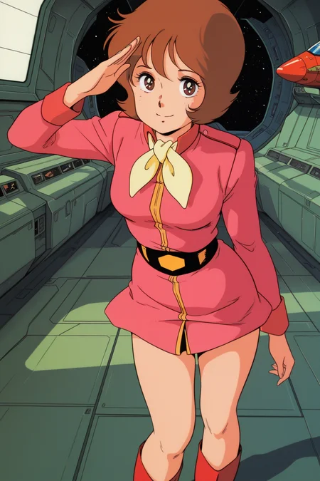 masterpiece, best quality, amazing quality, absurdres, frawbow79, brown hair, solo, smile, salute, looking at viewer, standing, pink military uniform, yellow ascot, bare legs, red boots, medium breasts, indoors, spacecraft, science fiction, retro artstyle