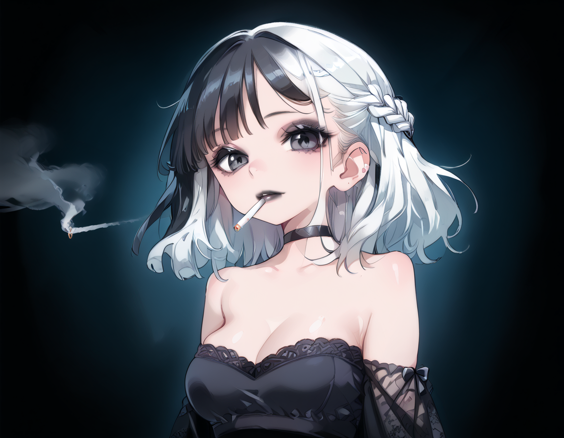 (score_9,score_8_up,score_7_up:1), 1girl, full body, close up portrait, horror, Night time lighting, ambient lighting, smug, (goth, (black lipstick, black mascara, black eyeshadow)), (toned), black hair blonde highlights, laurel braided hair, choker, eyeshadow)) (albino scarred skin), Large Breasts, perky, (smoking a cigarette ,<lora:sm0k3XLP:.6>), dry space ship, (<lora:zavy-cntrst-sdxl:1> chiaroscuro, low-key, horror), (black strapless bra and miniskirt), <lora:gggg:1>, <lora:add-detail-xl:1>