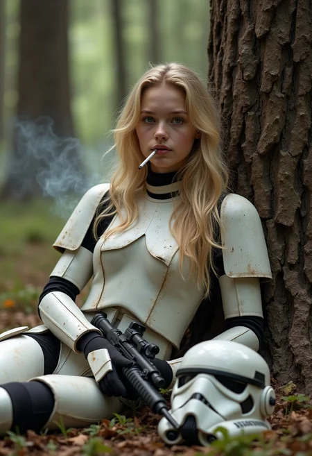 A blonde caucasian girl wearing dirty Star Wars ‘stormtrooper’ armour resting against a tree in the Endor forest, a Stormtrooper helmet is by her side in the ground, an E-11 blaster is resting on the ground, she is smoking a cigarette, long flowing blonde wavy hair, cute face, slim, small breasts, petite body, 18 years old, detailed symmetrical brown eyes, perspective, wide shot, smoke, 18mm, depth of field, colourful, highest quality, 4k, daylight