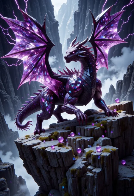 FluxEpicDragon, a crystalline dragon made of cut amethyst and black diamond gemstones with subsurface scattering and light transmission, spreading its wings as subtle purple electricity arcs from the tips, monstrous and colossal crawling down a mountains edge, jagged and sharp gemstone horns and spikes, dynamic and beastly pose, foggy night