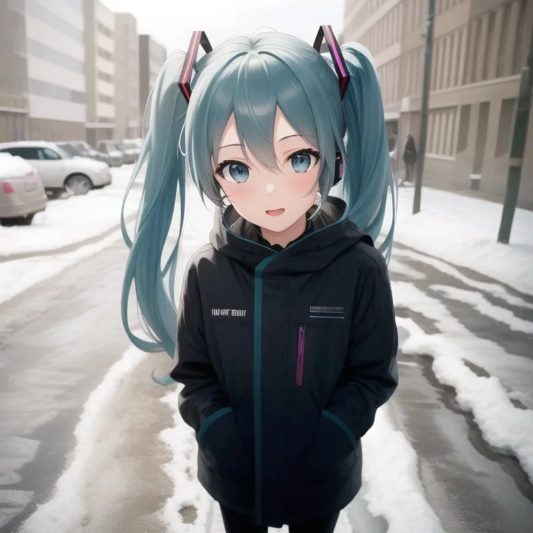<lora:psta_2-000017:0.7>psta background, masterpice,1girl, hatsune miku, vocaloid, (intricate details:0.1), snow, dirt, street, looking at viewer, detailed face