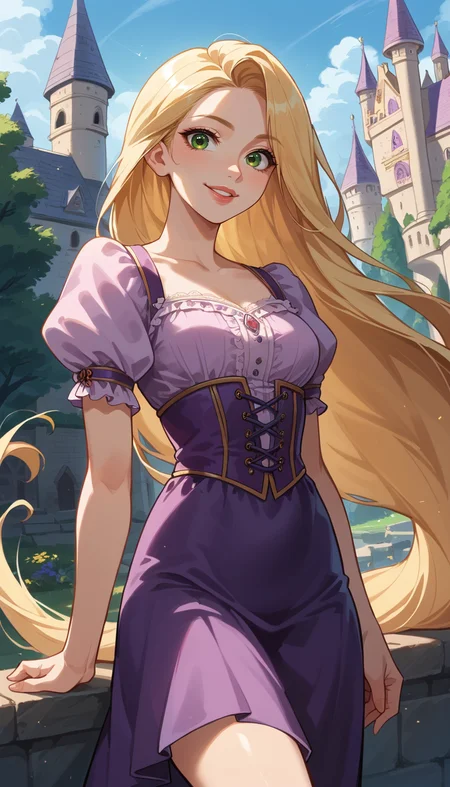 score_9, score_8_up, score_7_up, Anime Style, Cowboy Shot, Rapunzel, cute, seductive, innocent, light smile:0.3, plump lips, slender body, long blonde hair, green eyes, cinematic light, purple dress, happy, medieval castle background, depth of field, dynamic angle, fashion photography, sharp, hyperdetailed:1.15