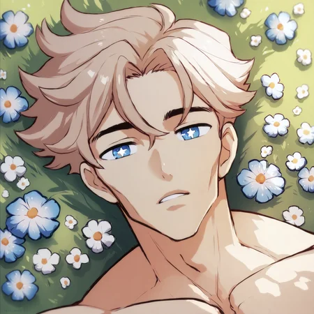 score_9, score_8_up, score_7_up, score_6_up, score_5_up, score_4_up, source_anime BREAK absurdres, high quality,  1boy, bishounen,  male focus, looking at viewer, wavy hair, blue eyes, sparkling eyes, sexy, from above, flower field, sunlight,   <lora:Idoraa-25:1> , <lora:add-detail-xl:1> , <lora:loraeyesxl:1>