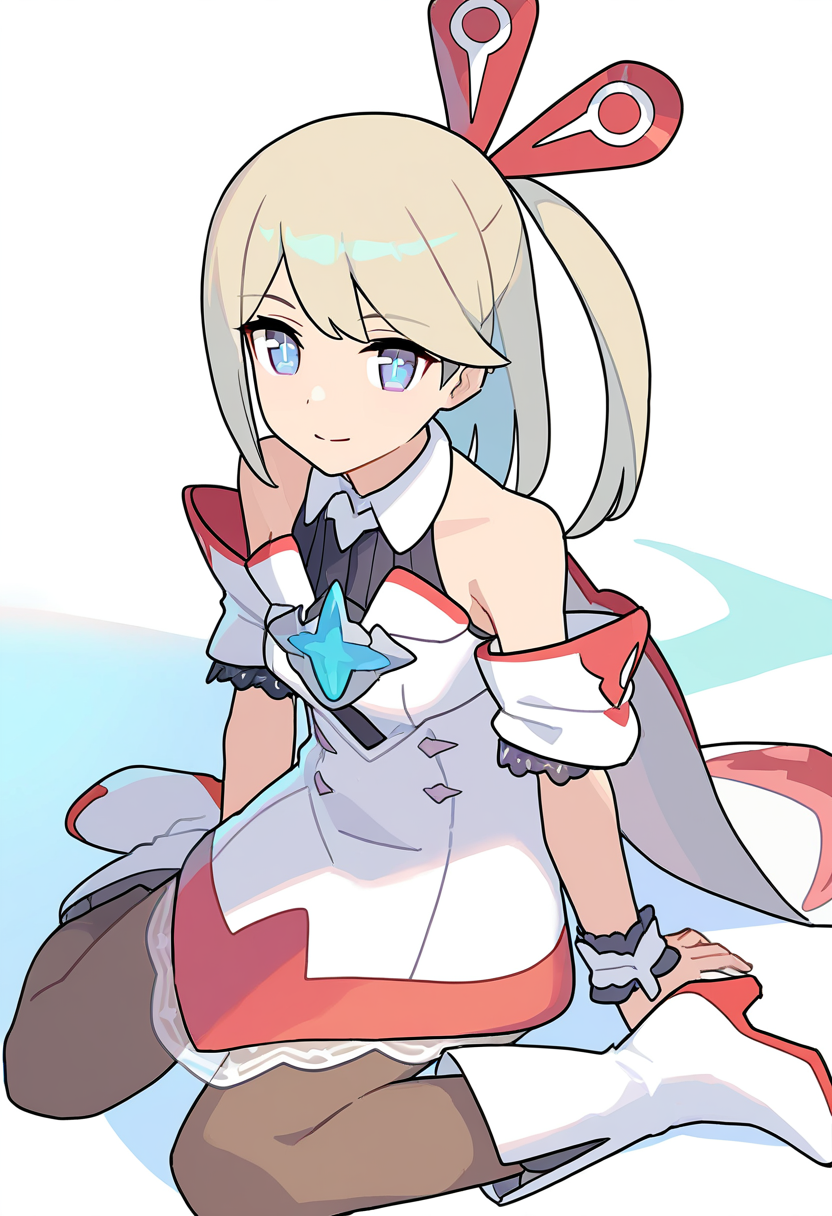 1girl,stella \(world flipper\),blue eyes,small breasts,white dress,sidelocks,hair ornament,one side up,blonde hair,long hair,swept bangs,hairclip,
bare shoulders,wrist cuffs,short sleeves,sleeveless dress,detached sleeves,sleeveless shirt,collared dress,white sleeves,buttons,collared shirt,frills,black shirt,jewelry,white cape,lace-trimmed dress,blue gemstone,short dress,brooch,
white footwear,boots,brown pantyhose,high heels,
wariza,from above,
newest,absurdres,highres,masterpiece,best quality,year 2024,
<lora:stella_NoobVpred10:1>,