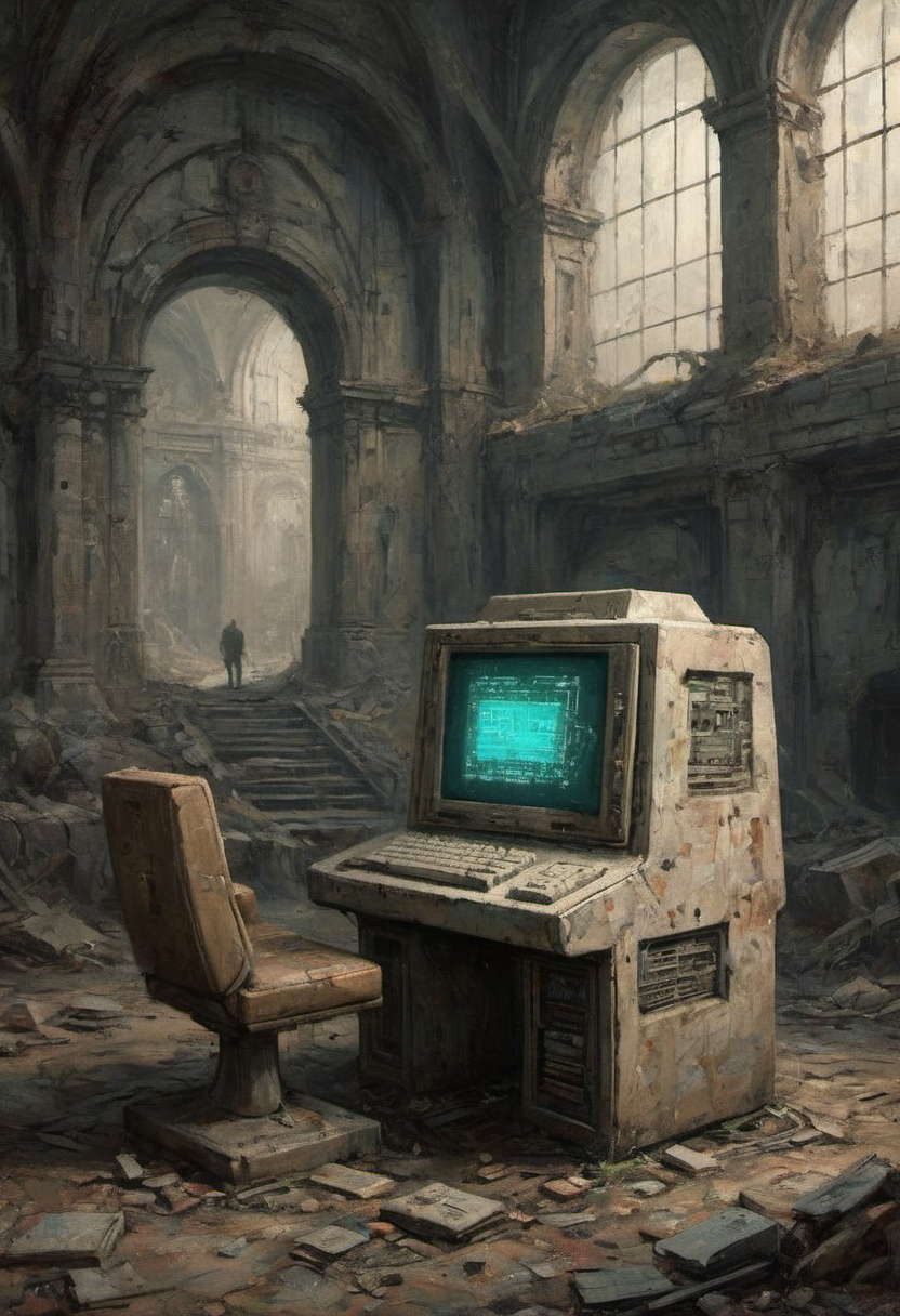 dystopian retro-futuristic computer in ruins