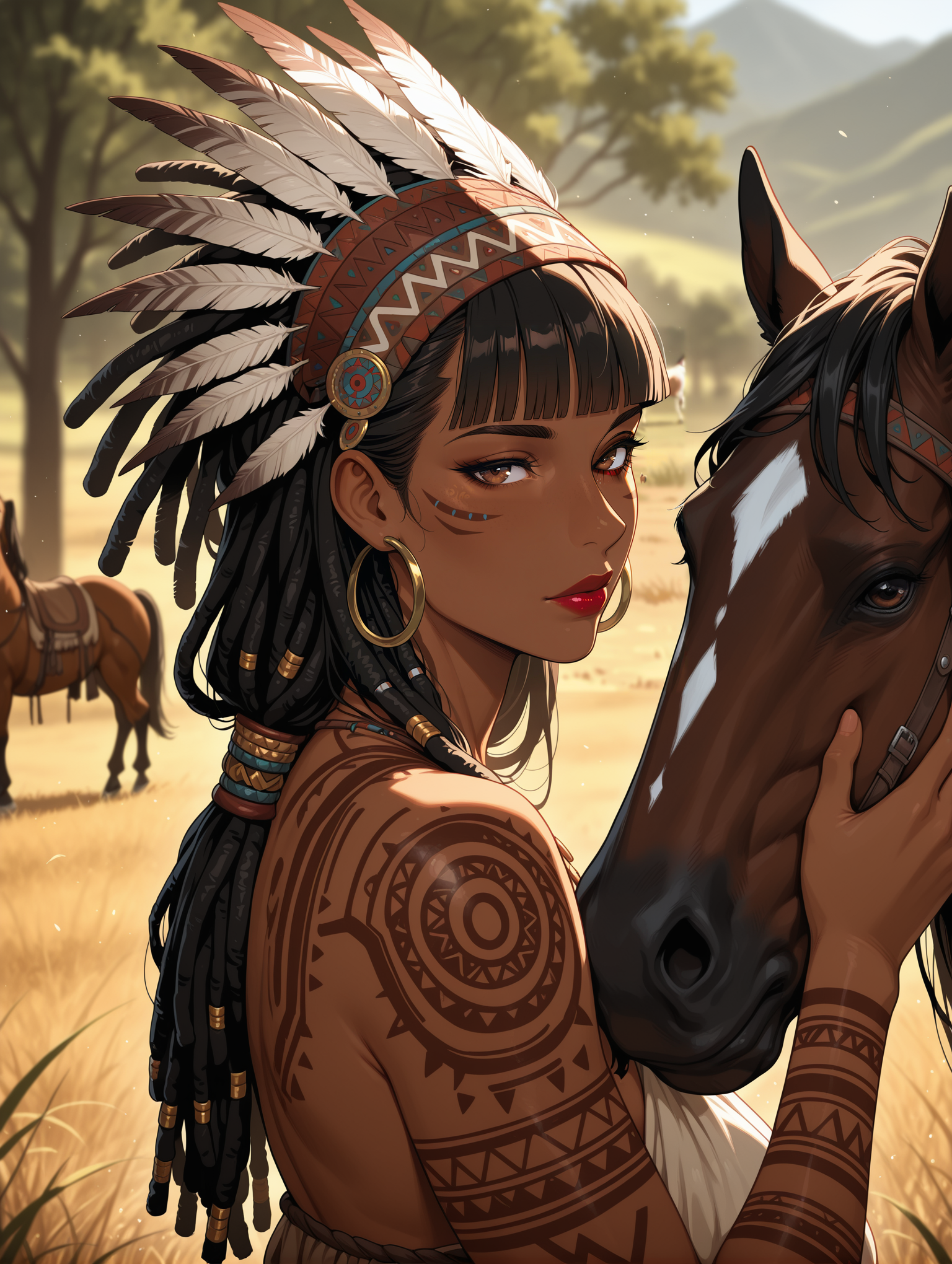 1girl, solo, mature female,red lips,
tribal, brown eyes, dark skin, hoop earrings, black hair, ( tribal hair ornament), detailed headdress, tribal headdress, feather, dreadlocks, long hair, tribal tattoo, arm tattoo, shoulder tattoo, looking at viewer, from side, blunt bangs, horse, petting horse, outdoors, depth of field, blurry background
,masterpiece,best quality,amazing quality,