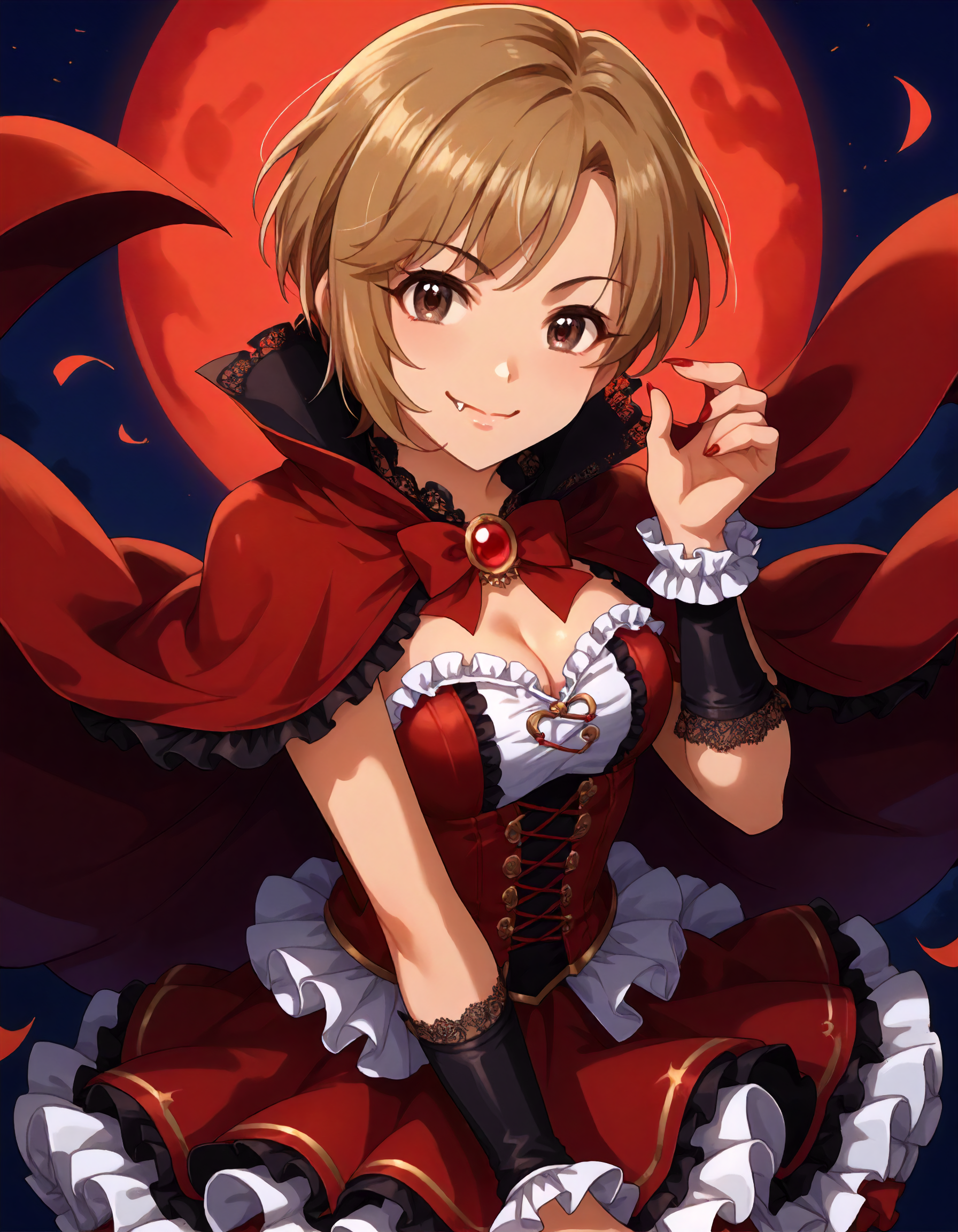 score_9,score_8_up,score_7_up,1girl,solo,looking at viewer,smile,closed mouth,fang,red moon,
<lora:aibayumi_ponyXLV6:0.8>,cgaym,
blonde hair + brown hair,short hair,brown eyes,
vampire costume,cleavage,cape,frilled skirt