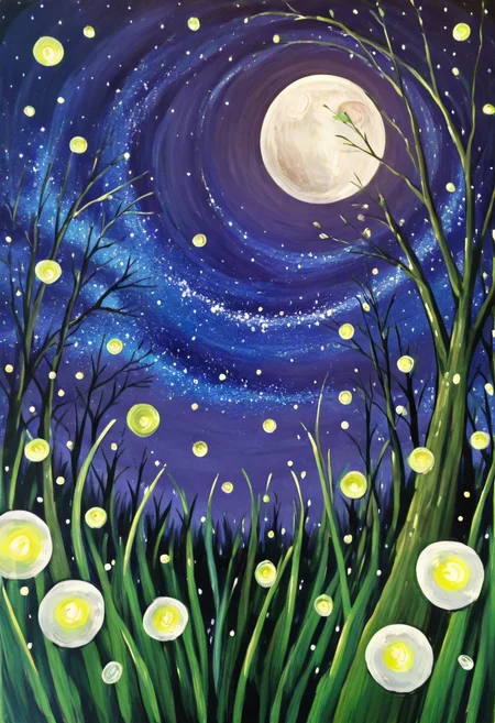 <lora:StylizedNightscape_IXL:1.0>, N1ght, flower, sky, signature, tree, moon, grass, plant, star (sky), nature, full moon, starry sky, fireflies