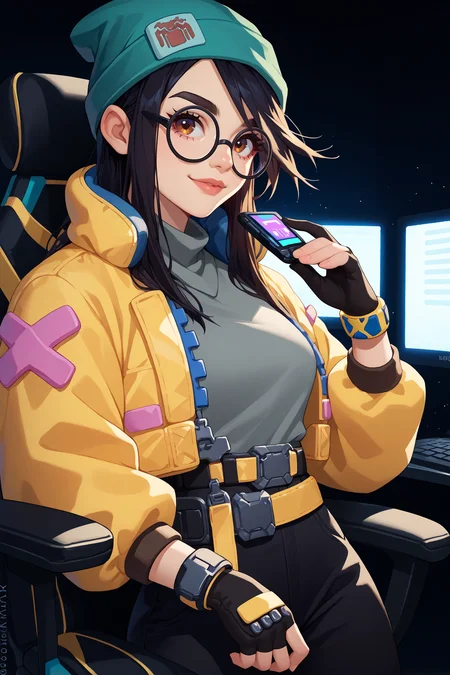 score_9, score_8_up, score_7_up, score_6_up, source_anime, 1girl, solo, <lora:valorantkilljoy-pdxl-nvwls-v1-000005:1> valoKJ, black hair, brown eyes, green beanie, round glasses, yellow jacket, grey shirt, partially fingerless gloves, yellow belt, black pants, computers, indoors, computer screens, upper body, looking at you, happy, gaming chair, indoors, black theme, breasts, black background, science fiction