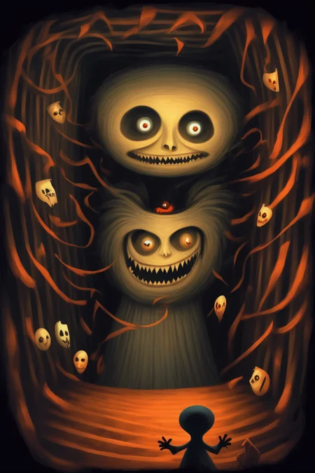 <lora:Dixit Card Generator:1>Dixit Card Generator - Being trapped in an endless labyrinth of darkness in the style of a scary dixit card