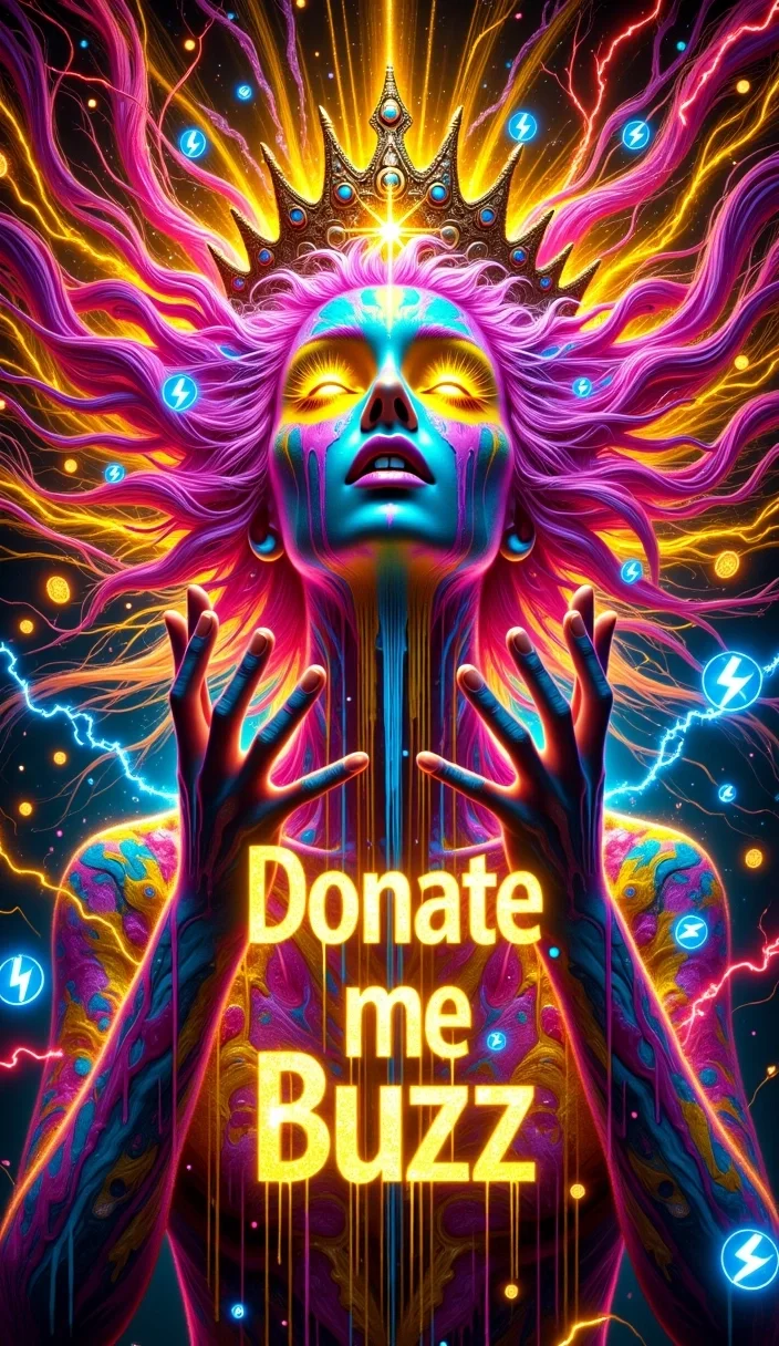A vibrant, surreal portrait of a mystical queen, her flowing hair illuminated by an intense, fiery glow. Her piercing yellow eyes radiate power and desperation, contrasting against the chaotic, neon splashes of color flowing across her face and body. A small golden crown rests upon her head, partially obscured by streaks of vivid, abstract paint that drip and swirl dynamically. Her hands are outstretched, begging for "Buzz," a mystical currency marked with a glowing lightning bolt symbol. The air crackles with energy as holographic, electrified Buzz coins flicker around her, just out of reach. Across the image, the words "Donate me Buzz" glow in bold, neon lettering, seamlessly blending into the swirling energy, as if part of the chaotic yet mesmerizing scene. Her form is an electrifying fusion of elegance and chaos, power and need, blending futuristic aesthetics with a mythical presence.