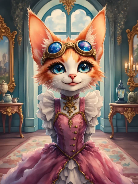 ArsMJStyle, watercolor intense colors painting in Steampunk Rococo style , Cute little female cat with dress and goggles on the head, big eyes and warm smile, in a ballroom with rich decoration