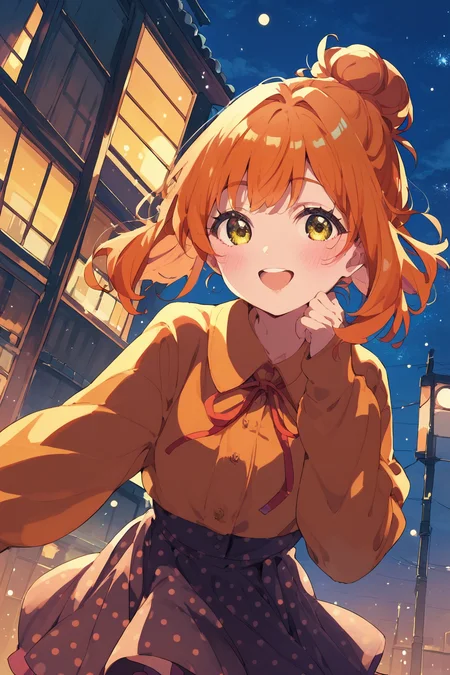 score_9, score_8_up, score_8, <lora:100Kanojo:0.9>, 1girl, solo, yellow eyes, night, orange hair, medium hair, looking at viewer, smile, open mouth, polka dot, skirt, long sleeves, hair bun, blush, sky