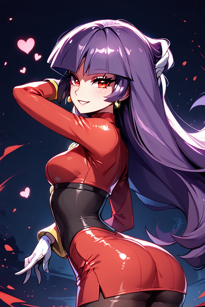 score_9, score_8_up, score_8, medium breasts, (curvy), cute, eyelashes,       BREAK, , ,,,   zzSabrina, red eyes, long hair, blunt bangs, sabrina (pokemon), purple hair, pantyhose, black hair, long sleeves, red skirt,  white gloves, black bodysuit, ass, side view,  ,<lora:Sabrina_Pokemon_PDXL:0.8>, ,,, , BREAK, ,,, upper body, smile, looking at viewer, ,,, shiny skin, <lora:ProAnime_PDXL_v1:0.8>, night, soft shadows, moonlight reflecting off skin, whisper of wind, ,,, embedding:zPDXL, Expressiveh, <lora:SDXLFaeTastic2400:0.5>, <lora:Expressive_H-000001:0.4>,