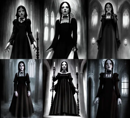 Wednesday Adams, the iconic and gothic character from The Addams Family. The costume should be highly detailed and accurately depict Wednesday's appearance and features, including her distinctive black dress and braids. The image should show Wednesday in a stoic and introspective pose, with her body posture and facial expression conveying her intelligence and wit. The lighting should be natural and atmospheric, and the overall aesthetic should be gothic and mysterious. The image should be rendered in a realistic style, using vibrant and lifelike colors and highly detailed textures. The composition should be dynamic and engaging, with Wednesday's costume serving as the main focus of the image.