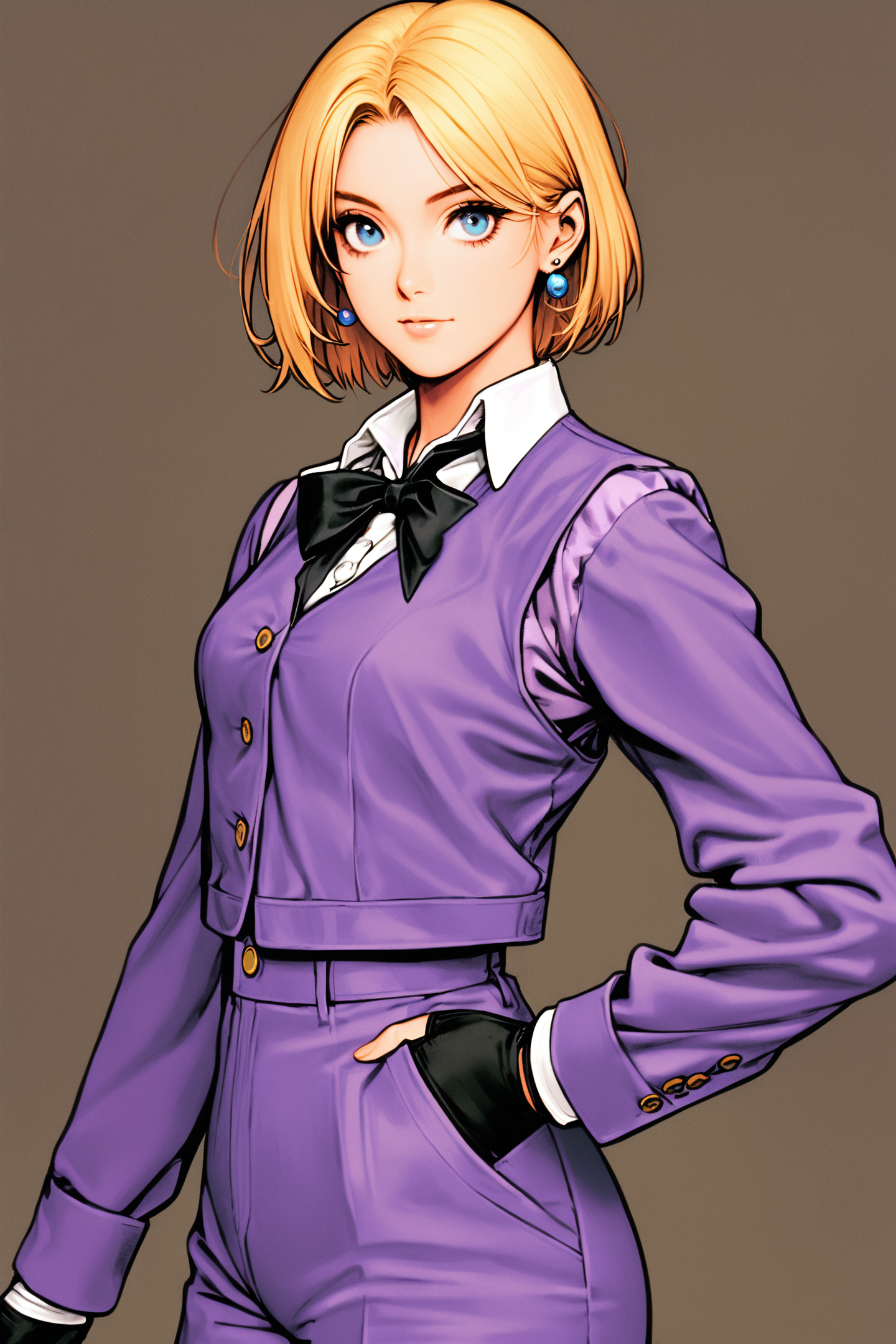 1girl,solo,blue eyes,short hair,blonde hair,black bowtie,collared shirt,fingerless gloves,high-waist pants,long sleeves,purple suit vest,hand in pocket,closed mouth,bangs,earrings,centre parting bangs,looking at viewer,
<lora:shinkiro_XL_v2:0.8>,
