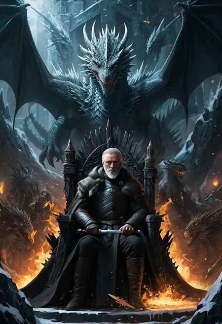 very long shot, (dragon:1.3), 1man, dragon standing behind man, old man with a black hood, black robe , sitting on a throne, throne of swords, thousand swords throne, Game of Thrones, dragon looming over, epic fantasy character art, concept art, fantasy art, (ice swirling:1.3), (fire swirling), ((best quality)), ((masterpiece)), detailed soft oil painting, detailed background, dramatic cinematic lighting, soft edge lighting, professional, ultra quality, 4k, extremely detailed, Game of Thrones style