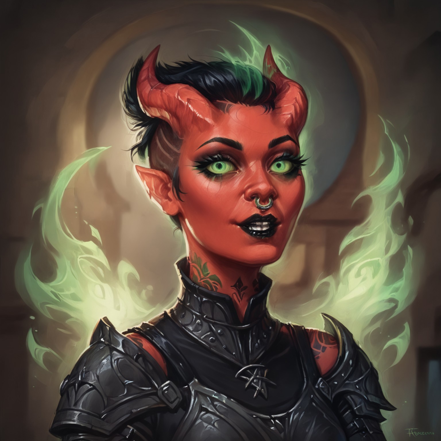 (((beautiful, high quality))), upper Body, woman, goth, short hair, undercut hair, green eyes, score_9, score_8_up, score_7_up, Tiefling, pointed ears, horns, colored sclera, 1girl, red skin, black armor, green energy, looking at the viewer, posing, dynamic pose, blurred background, in the style of jeff-easley, oil painting, realistic, tattoos, black hair, piecings, black lipstick, black makeup, symmetrical horns, nose ring,