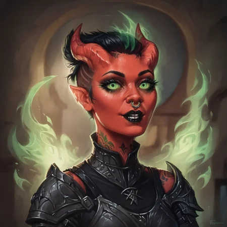 (((beautiful, high quality))), upper Body, woman, goth, short hair, undercut hair, green eyes, score_9, score_8_up, score_7_up, Tiefling, pointed ears, horns, colored sclera, 1girl, red skin, black armor, green energy, looking at the viewer, posing, dynamic pose, blurred background, in the style of jeff-easley, oil painting, realistic, tattoos, black hair, piecings, black lipstick, black makeup, symmetrical horns, nose ring,