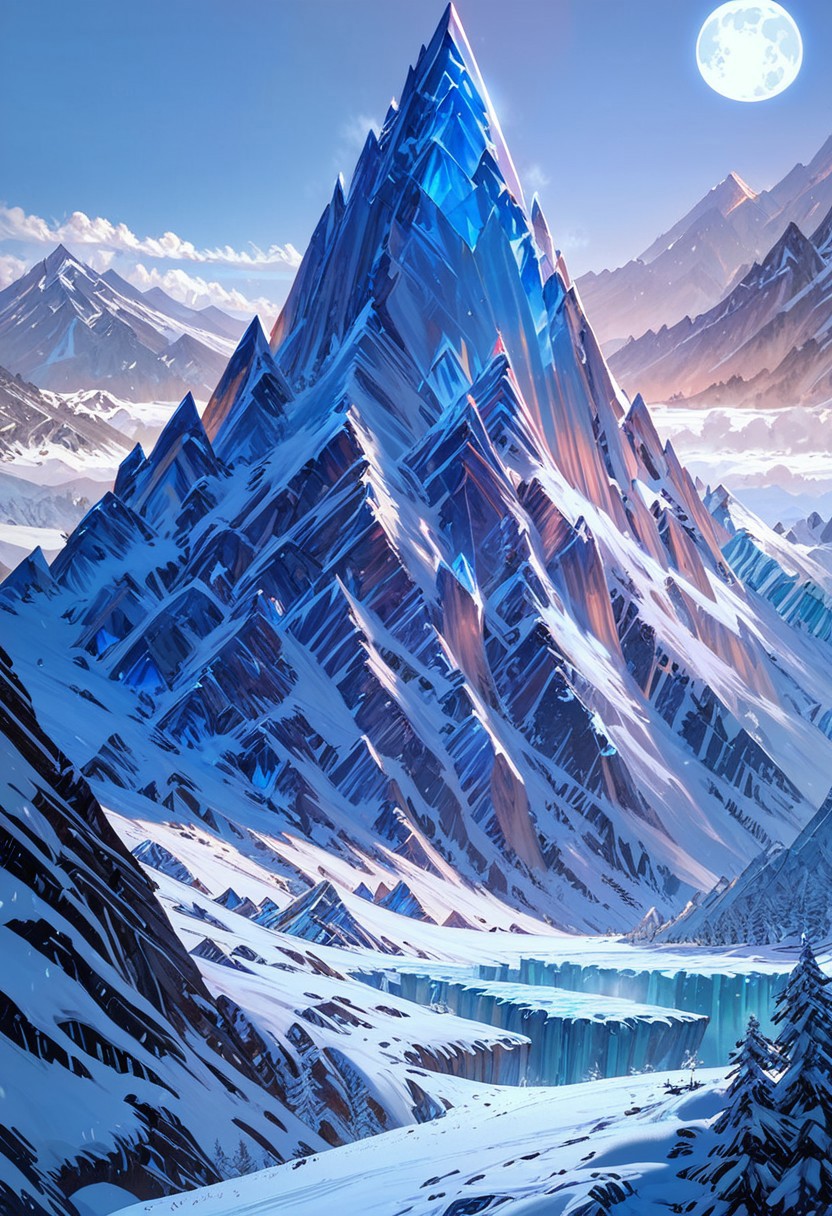 score_9, score_8_up, score_7_up, masterpiece, landscape, mountains, ice, ice world, snow, epiCPhoto, endless ice, cold moon, bleak world, long shadows, flat terrain
