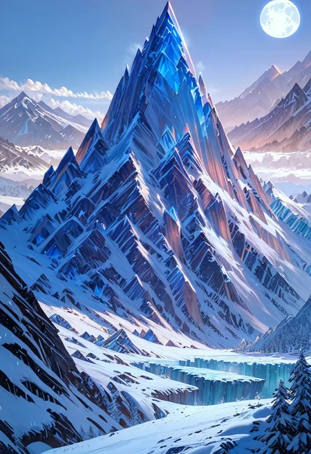 score_9, score_8_up, score_7_up, masterpiece, landscape, mountains, ice, ice world, snow, epiCPhoto, endless ice, cold moon, bleak world, long shadows, flat terrain