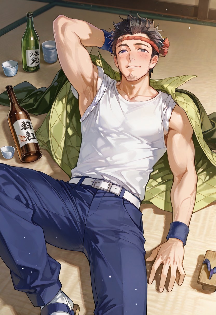 score_9, score_8_up, score_7_up, score_6_up, perfect anatomy, perfect proportions, best quality, masterpiece, high_resolution, high quality, best aesthetic, incredibly absurdres, highres, extremely detailed, huge filesize, solo male, adult, mature male, dilf, middle age, masculine, manly, handsome, charming, alluring, standing, upper body, dutch angle, cowboy shot, perfect face,  source_game \SaGa Frontier\), official style \(SaGa Frontier\), Gen \(SaGa Frontier\), SGFGen, black eyes, black hair, short hair, facial hair, stubble, SGFGen_outfit02, headband, hachimak \(headband\), twisted hachimaki \(headband\),Japanese workwear, white shirt, sleeves rolled up to shoulders, sleeveless, Japanese workwear pants, blue pants, white belt, wristband, wrist wrap,  jacket over shoulders, green jacket, geta footwear, lying on ground, on back,, spread legs, hand behind head, slight blush, bottle, japanese sake, 
