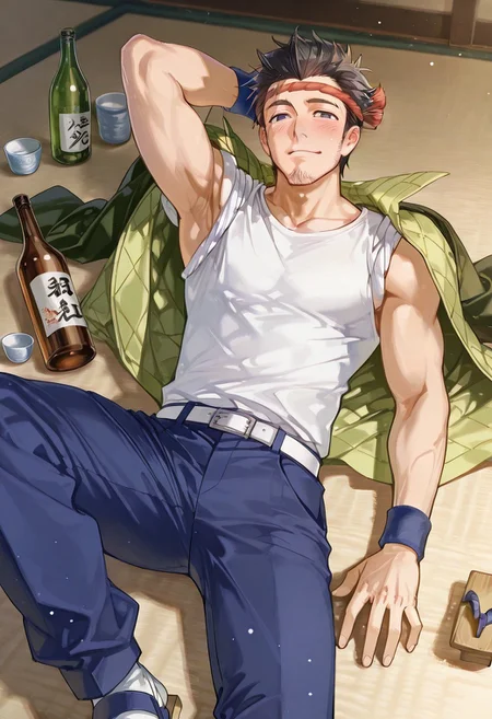 score_9, score_8_up, score_7_up, score_6_up, perfect anatomy, perfect proportions, best quality, masterpiece, high_resolution, high quality, best aesthetic, incredibly absurdres, highres, extremely detailed, huge filesize, solo male, adult, mature male, dilf, middle age, masculine, manly, handsome, charming, alluring, standing, upper body, dutch angle, cowboy shot, perfect face, source_game \SaGa Frontier\), official style \(SaGa Frontier\), Gen \(SaGa Frontier\), SGFGen, black eyes, black hair, short hair, facial hair, stubble, SGFGen_outfit02, headband, hachimak \(headband\), twisted hachimaki \(headband\),Japanese workwear, white shirt, sleeves rolled up to shoulders, sleeveless, Japanese workwear pants, blue pants, white belt, wristband, wrist wrap, jacket over shoulders, green jacket, geta footwear, lying on ground, on back,, spread legs, hand behind head, slight blush, bottle, japanese sake,