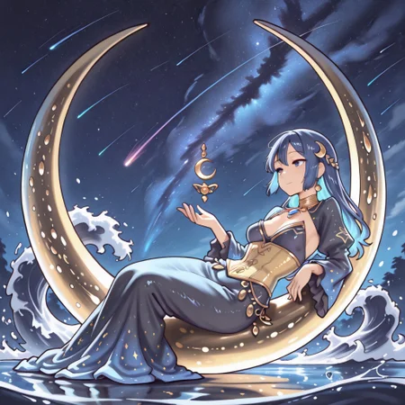 lazypos, character focused, anime girl, golden jewelry, deep blue hair, celestial eyes, reclining pose, moonlit sea, starry sky, flowing waves, ornate accessories, exotic outfit, mystical charm, glowing highlights, shimmering skin, fantasy horizon, nighttime setting, elegant design, vibrant colors, crescent moon, dreamy atmosphere, shooting star, quadastyle