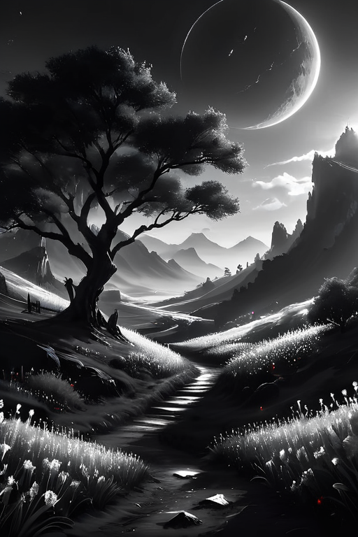 Silhouette style (((Ultra-detailed, 8k, highres, masterpiece)))(((epic-Ultra-HD-details, epic-Ultra-HD-highlights, epic-photo-same-realistic, upscaled-resolution, optimal)))a beautiful serenemagical landscape,<lora:ral-czmcrnbw:0.8>,ral-czmcrnbw,<lora:cs-cr1stal-v2:0.8>,cs-cr1stal-v2,<lora:More_interesting_backgrounds:0.8>,IBG,<lora:more_details:1>,<lora:SyFyEye1_v2.0:0.8>,SyFyEye1, . High contrast, minimalistic, black and white, stark, dramatic