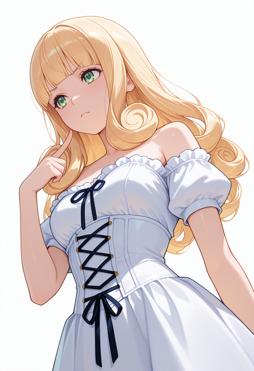 Smooth Quality,masterpiece,very intricate, high quality details, ultra realistic, high detailed skin,detailed enviorement,absurdres,
pointing at self,
 <lora:Poporon_CNR:0.8> poporon_cnr, 1girl, blonde hair, long hair,blunt bangs, green eyes, curly hair,, frown,, simple background, white background, from below,solo,, off-shoulder top, ,bustier,  ,high-waist skirt,  ,