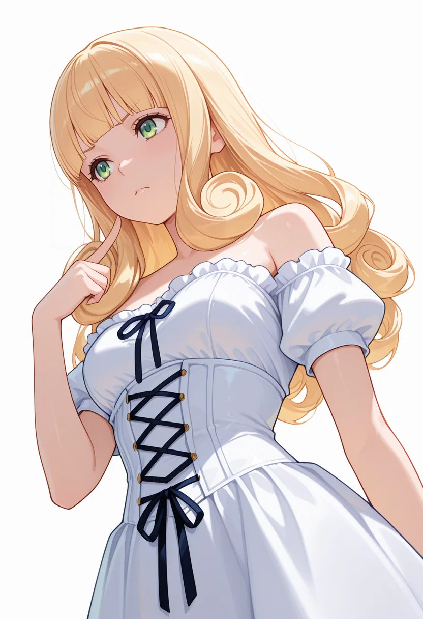 Smooth Quality,masterpiece,very intricate, high quality details, ultra realistic, high detailed skin,detailed enviorement,absurdres,
pointing at self,
 <lora:Poporon_CNR:0.8> poporon_cnr, 1girl, blonde hair, long hair,blunt bangs, green eyes, curly hair,, frown,, simple background, white background, from below,solo,, off-shoulder top, ,bustier,  ,high-waist skirt,  ,