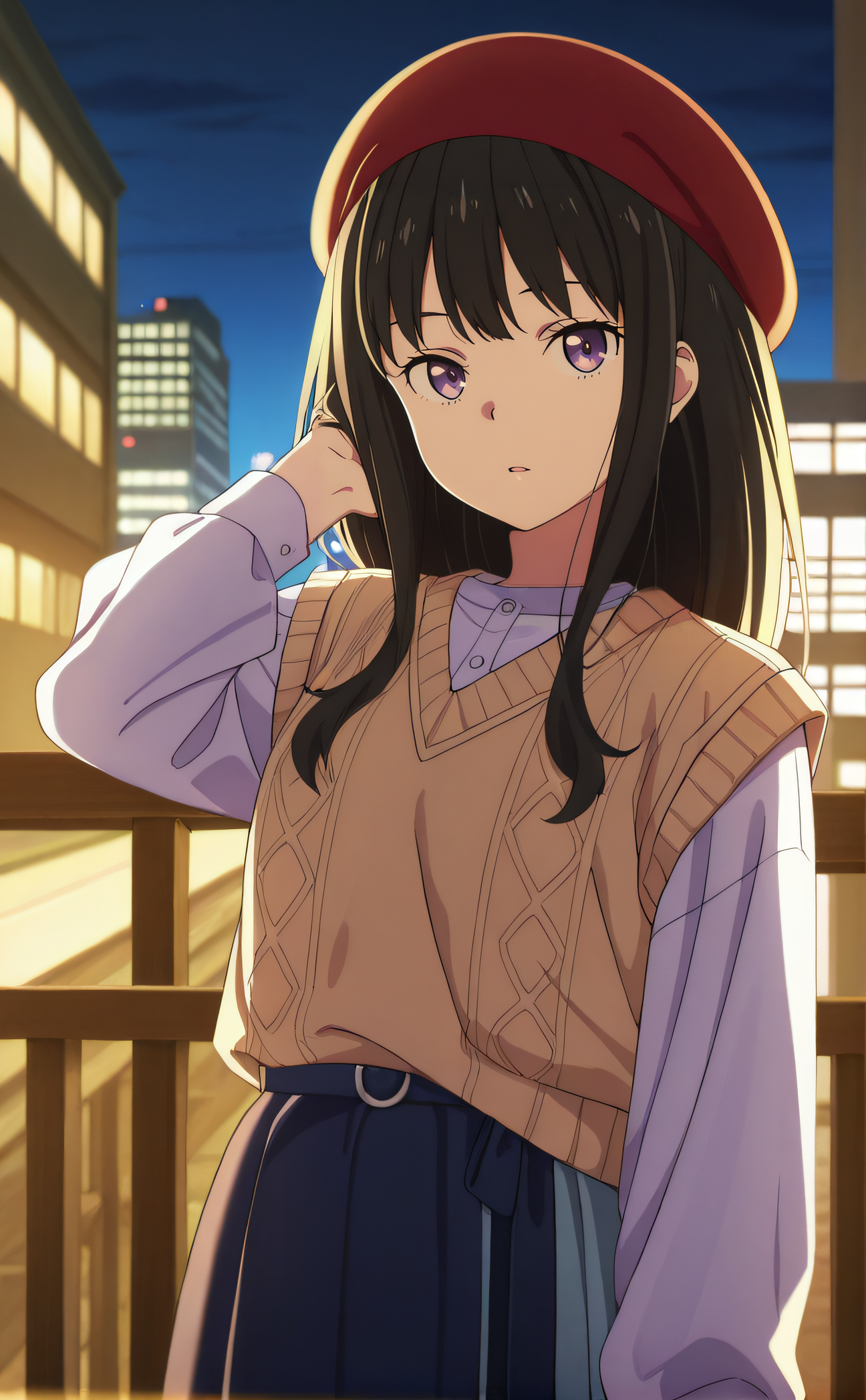 masterpiece, best quality, highres, newest, 1girl, solo, official style, anime screencap, <lora:Inuoe_Takina:1>, takina, black hair, purple eyes, red beret, sweater vest, long sleeves, blue skirt, looking at viewer, expressionless, hand on hair, parted lips, outdoor, night, city