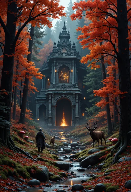 In a vast forest where autumn never ends, the trees are perpetually adorned with leaves in shades of red, orange, and gold. The ground is covered in soft, crunchy leaves, and the air is crisp with the scent of pine and wood smoke. In the heart of the forest, an ancient stone temple stands surrounded by towering oaks and weeping willows. The temple is covered in intricate carvings of mythical beasts and symbols of the forest gods. A stream winds through the forest, its waters shimmering with magic and its banks lined with mushrooms that glow in the twilight. In the trees, small winged creatures with glowing eyes dart between branches, and gentle deer with antlers of silver graze peacefully on the soft moss. The soft glow of lanterns hangs from the trees, casting a warm, inviting light. A group of druids walks along the forest path, their robes made of woven leaves and vines, as they perform a ritual to honor the spirit of the forest.