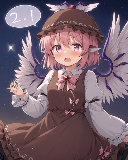 mystia lorelei, open_mouth, bird_wings, long_sleeves, brown_dress, scared, holding_food, tearing_up, speech_bubble, white_wings, blush, hat, 2girls, tears, frilled_dress, winged_hat, vegetable, brown_headwear, trembling, fingernails, solo_focus, on_back, ribbon-trimmed_sleeves
<lora:mystia_lorelei_image8444_2023-12-14-000007:1>,star-shaped_pupils,symbol-shaped_pupils,. gorgeous,key visual, vibrant, studio anime,award-winning, professional, highly detailed,high budget, cinemascope