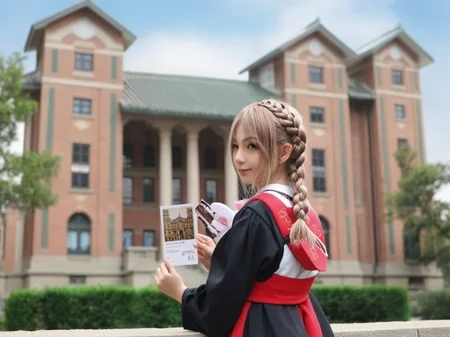 building, hold a postcard, 1girl, cosplay_photo, focused, braid, depth of field, close up, front of building, <lora:sysuv9:0.7>