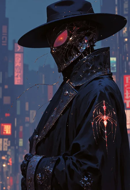 A hyper-realistic close-up portrait of neo-noir Spider-Man, donning an oversized long coat that flares slightly at the bottom. The coat features intricate web-like embroidery along the cuffs and hems, with a bold crimson spider emblem subtly visible on the collar. He wears a classic wide-brimmed 1950s hat, tilted forward to cast a shadow over his mask. The mask’s lenses have a mirrored finish, reflecting the neon signs of a rain-soaked, noir-inspired cityscape. Raindrops cling to the coat and hat, the dim lighting accentuating the contrast between the vintage-inspired attire and the sleek, modern spider suit beneath. His poised and enigmatic stance adds an air of mystery to the scene.