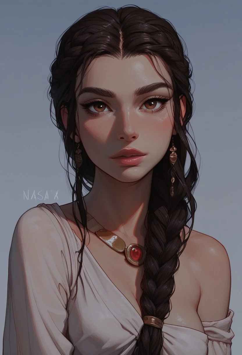 (score_9, score_8_up, score_7_up). ( line work, excellent drawing, highest quality, extremely detailed:1.2). 1woman, Greek Goddess Hera, perfect face, beautiful brown eyes, long lashes, dark hair, princess braid, glossy lips, ancient greek dress, g0thicPXL, romantic, cinematic lighting, volumetric lighting, motion effects, source_cartoon