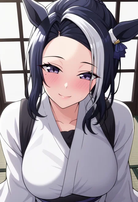 18 years old ,women,solo,1girl,nsfw,
rmnsd, horse girl, multicolored hair, streaked hair, ear ornament, mole under eye saimin.il,
saimin, tsubaki, white clothes, white kimono,
clothed girl, kimono,
